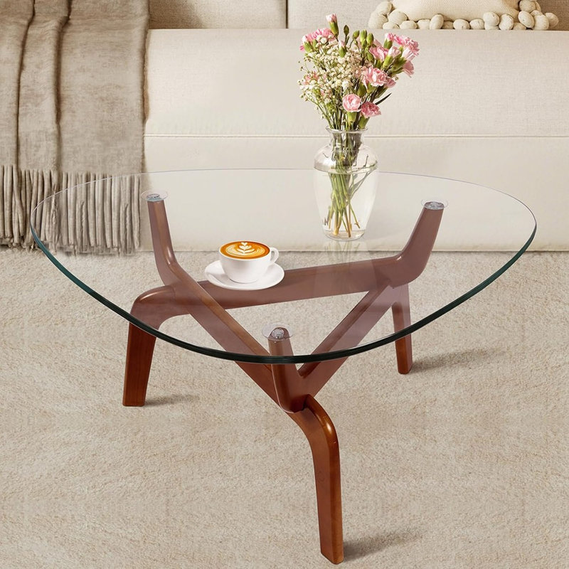 Table basse Triangle - Plateau en verre trempé avec base en bois d'hévéa anti-basculement - Style Mid-Century moderne pour le salon