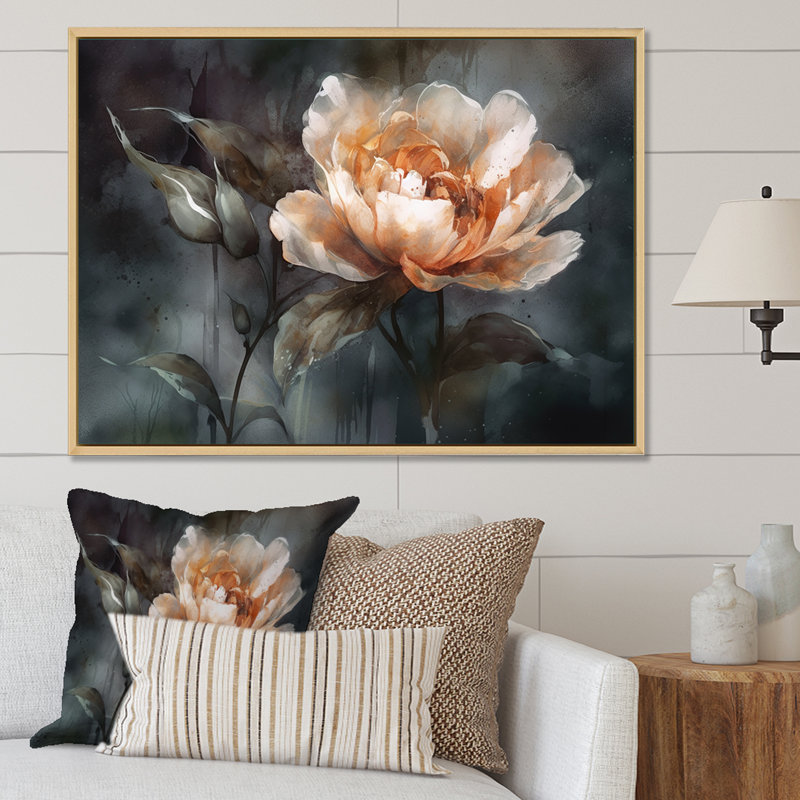 «Peach Flower» sur fond gris foncé - Impression sur toile encadrée de coquelicots, H 12 po x l 20 po x P 1 po