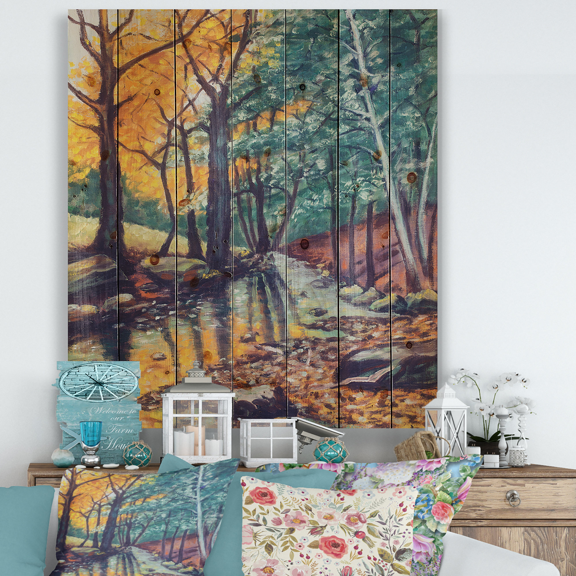 East Urban Home Landscape With River In Autumn Forest Sunset ...