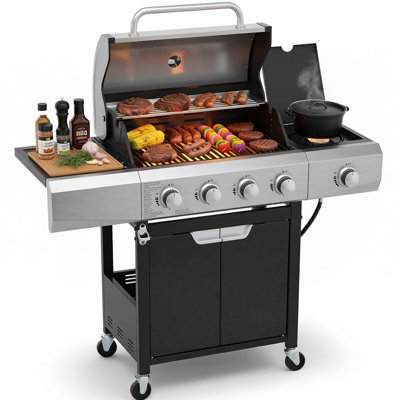 Propane Grill 4 Burner Barbecue Grill Stainless Steel Gas Grill with Side Burner for Outdoor BBQ, Camping