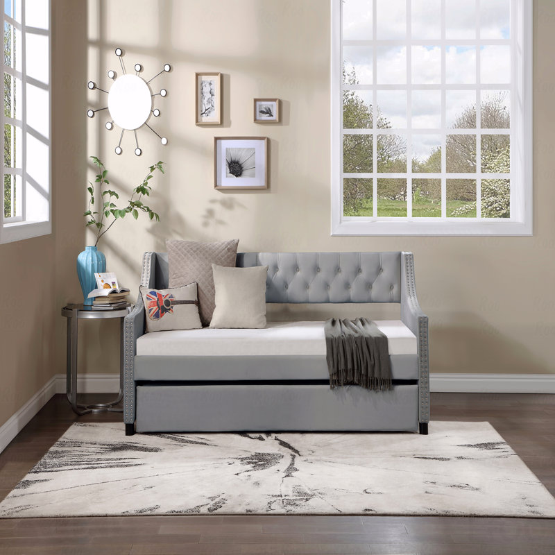 Upholstered Trundle Daybed, Twin Size,Sturdy Wood Bed Frame W/ Bed Frame Tufted Button And Copper Nail On Arms Design,Perfect For Bedroom,Guest Room Furniture,No Box Spring Needed