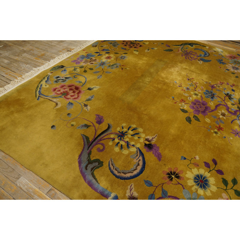 Hand Knotted Pile Wool Rectangle Antique 1920s Yellow / Gold Chinese Art Deco Rug