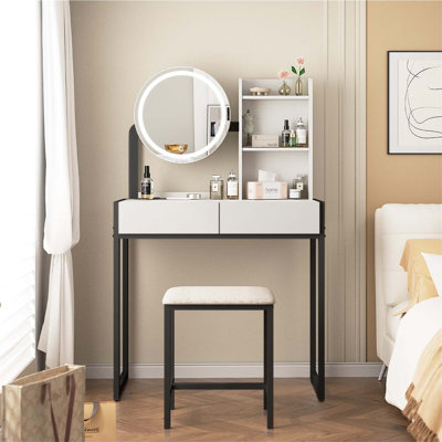 Meuble-lavabo compact avec miroir DEL, 3 modes d'éclairage, prise de courant, tiroir, tablettes et tabouret rembourré pour les petits espaces