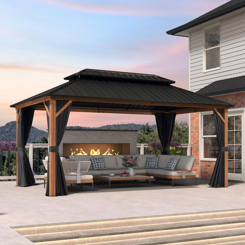 PURPLE LEAF 10' X 16' Hardtop Gazebo Outdoor Wood Grain Aluminum Frame Galvanized Steel Double Roof Gazebos with Netting and Curtains for Patio Deck Backyard Garden