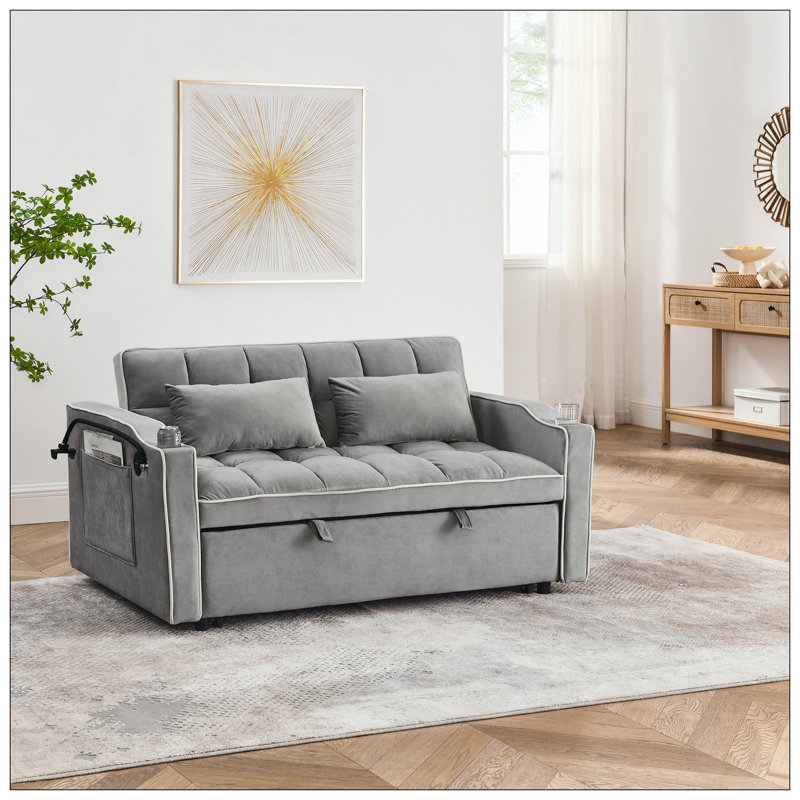 55.51 Inch Versatile Foldable Sofa Bed In 3 Lengths, Modern Sofa Sofa Sofa Velvet Pull-Out Bed, Adjustable Back And With USB Port And Ashtray And Swivel Phone Stand
