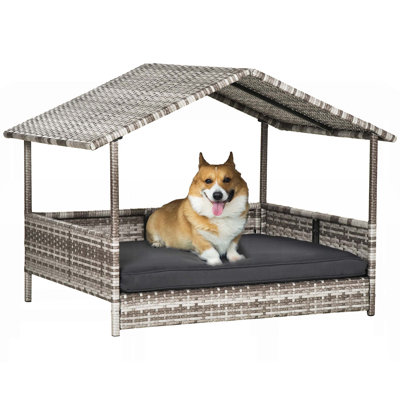 Wicker Dog House Outdoor with Canopy, Rattan Bed, Water-resistant Cushion for Small and Medium Dogs, Cream