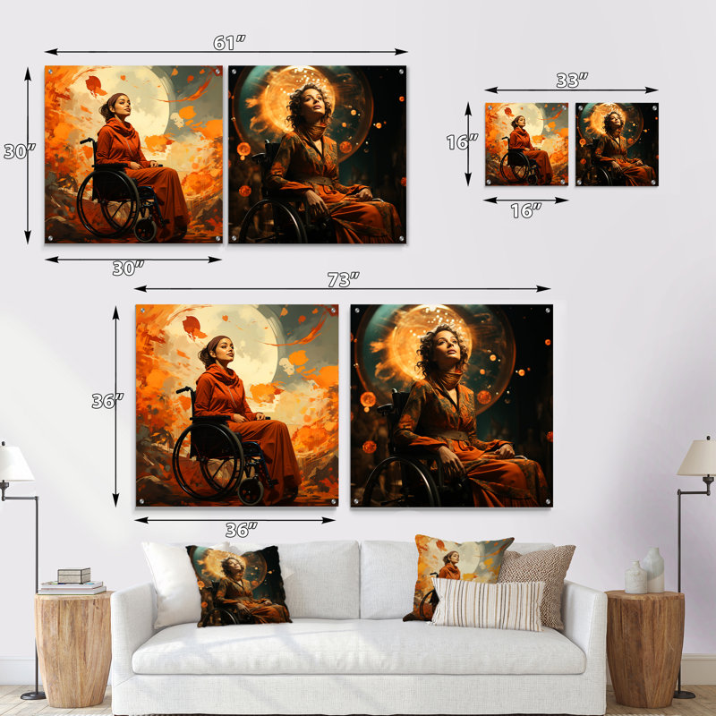 Femme sur fauteuil roulant - ensemble de 2 art mural en verre acrylique, H 16 po x l 33 po