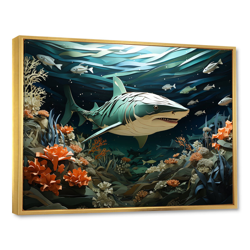 " Coral And Sharks Collage Symetry II ", Gold Floater Framed, 34" H x 44" W x 1.5" D