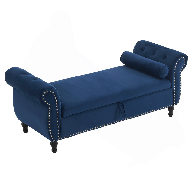 Banc repose-pieds rectangulaire en velours avec rangement et 1 coussin décoratif, Bleu marine antique
