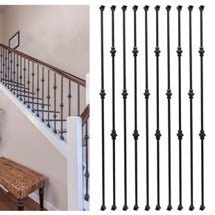 10 Pack 1/2" Square Hollow Iron Stair Spindles With Single & Double Knuckle Black With Swivel Shoes