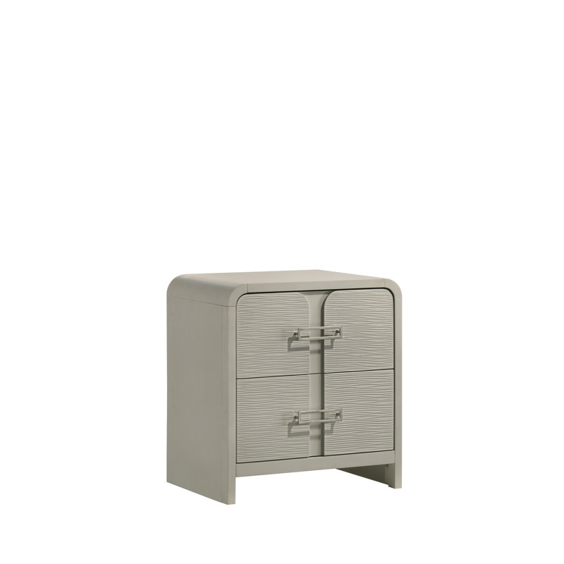 Table de chevet 2 tiroirs Aria avec façade texturée, poignées en métal et système de roulement à billes beige