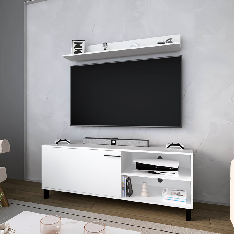 White Finished Tv Stand With Open Storage Compartment For Essentials, 1-Door Design Smaller Spaces, Arms Effortless Height Regulation, Particle Board Base, 15.8 In Wide Daily Use, Product Width