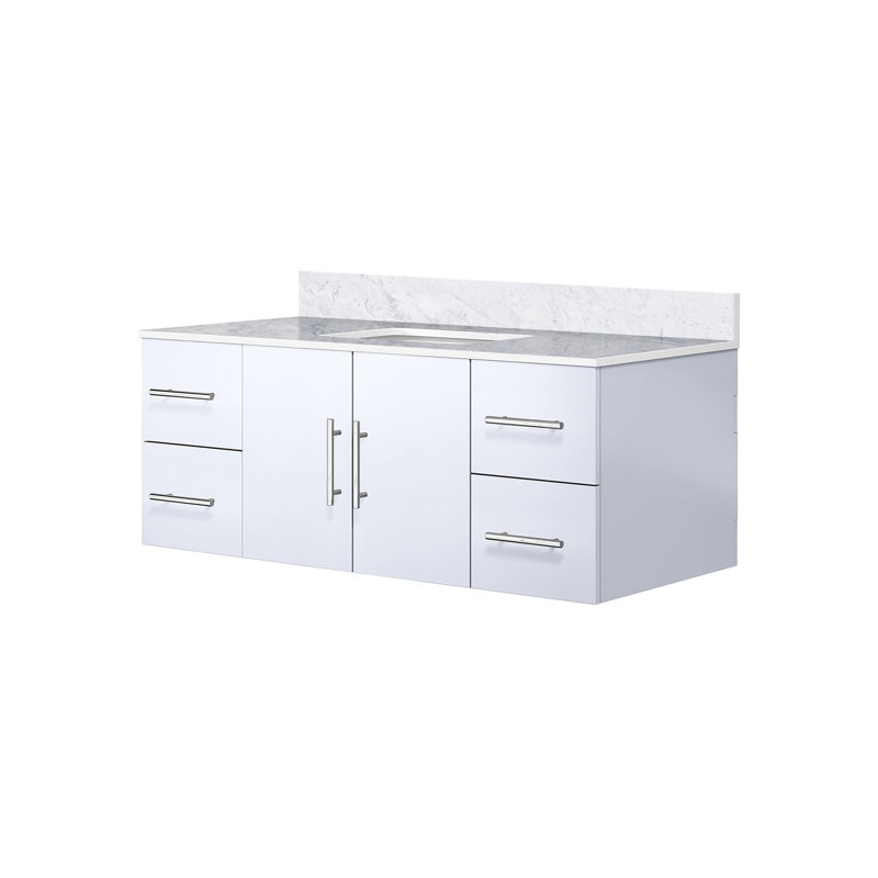 48 po L x P 22 po. Meuble-lavabo blanc brillant avec surface en marbre - fabrication en bois massif, portes et tiroirs à fermeture en douceur, compartiment de rangement généreux, 4 égratignures et taches sur le comptoir, pré-percé pour