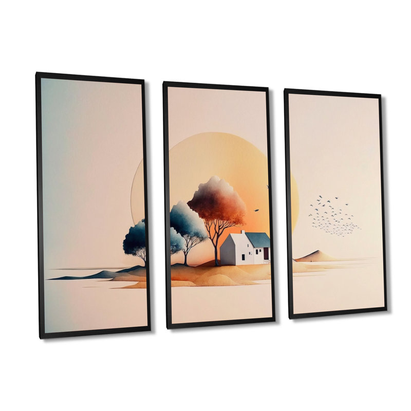 Aquarelle, coucher de soleil dans la campagne, Toile encadrée noire, H 28 po x l 36 po x P 1 po