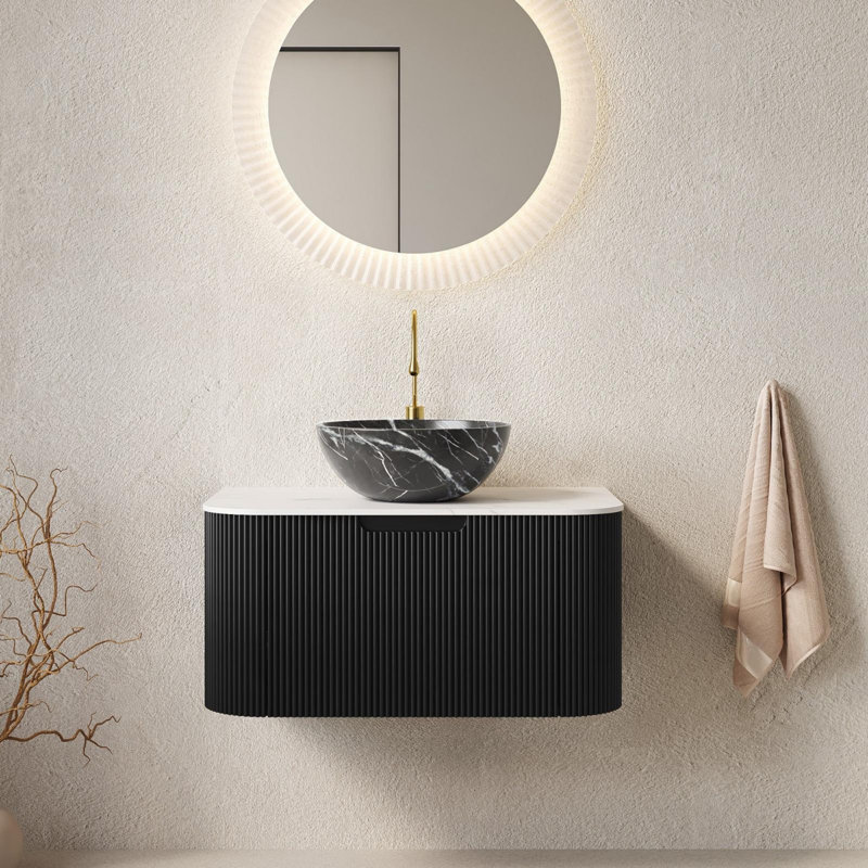 Meuble-lavabo mural avec tiroir, vasque de salle de bain avec lavabo, pré-assemblé, Noir, 36"