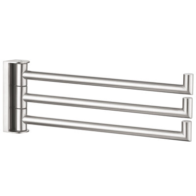 Wall mounted towel bar in brushed stainless steel with three independent swivel arms.