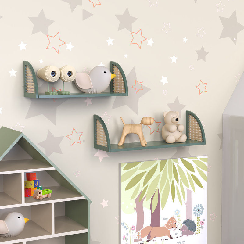 Wood Floating Shelves with Rattan Sides, 24.8 Inch Wall Mounted Shelves, Set of 2, Green, Green, 24.8 inch