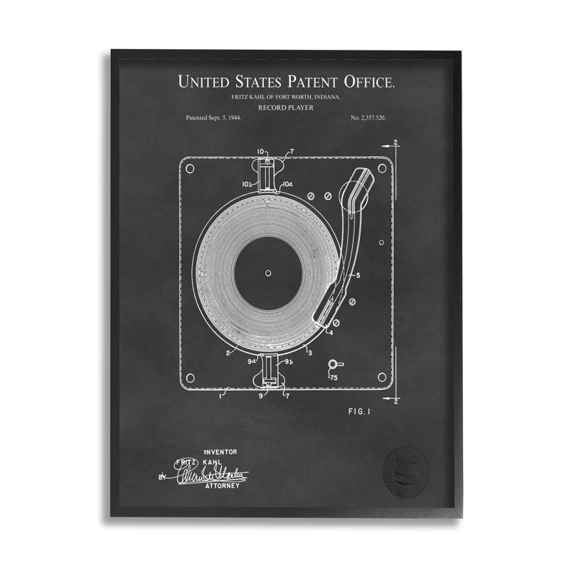 Platine tourne-disque, diagramme, schéma de brevet, texte de Karl Hronek - impression, Plaque murale, L 16 po x H 16 po