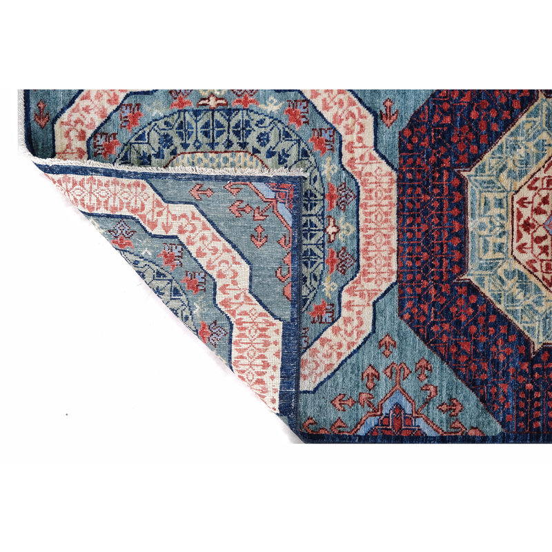 Tapis bleu marine noué à la main, Tapis de couloir 2 pi 7 po x 19 pi 11 po