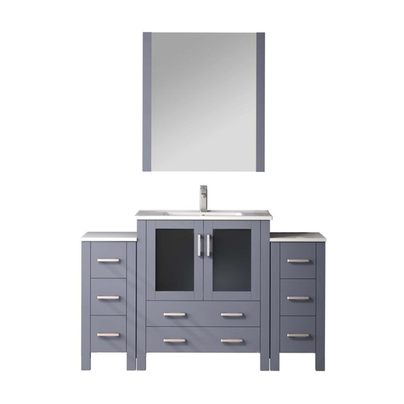 Gris foncé 54 po Meuble-lavabo avec armoires latérales, comptoir en céramique blanche, robinet et miroir 28 po