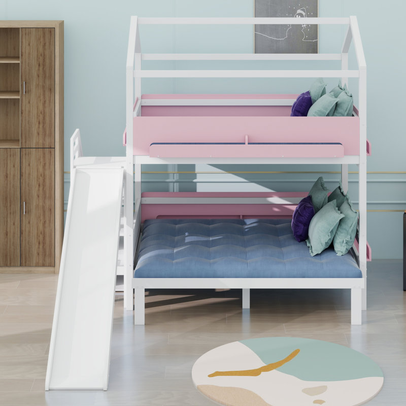 House-Shaped  Bunk Bed with Slide and Storage Staircase, White+Pink