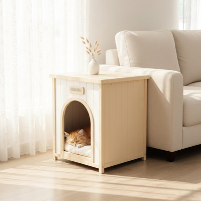 Maison solide pour petits animaux, fonctionnant comme table d'appoint, blanc crème, design minimaliste américain