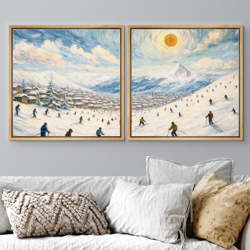 «Winter Ski Resort Snow Mountain Scene», ensemble de 2 reproductions d'art encadrées, H 16 po x l 16 po