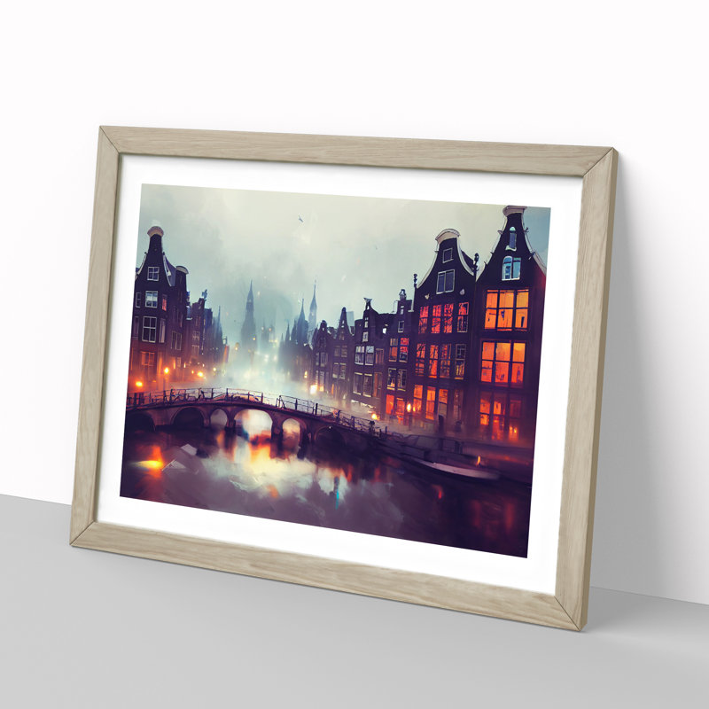 Amsterdam Canal at Night - Framed Print, 25cm H x 34cm W x 2cm D, Oak
