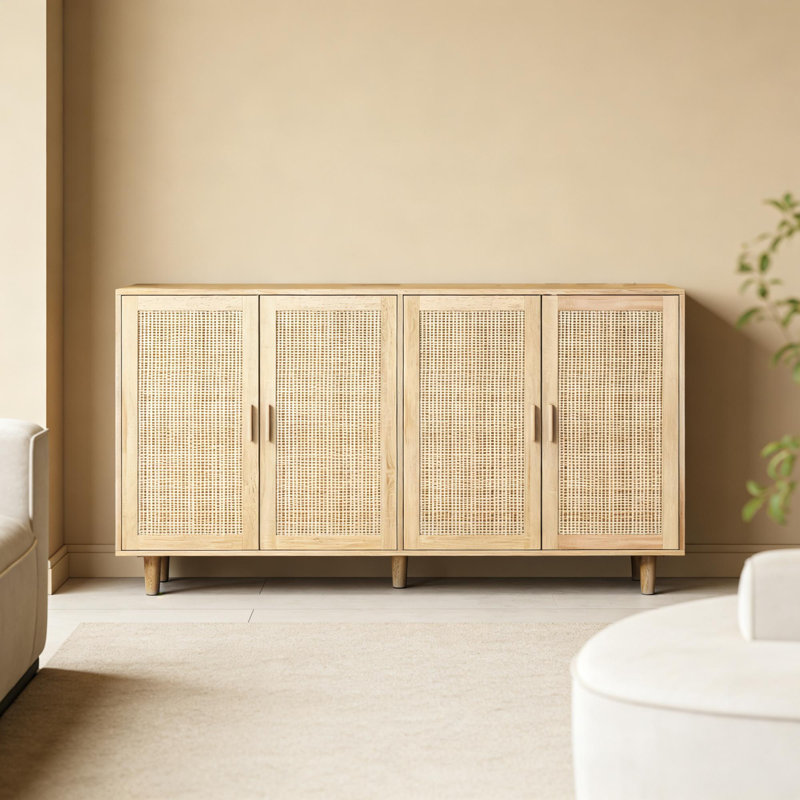 62.2" Rattan Storage Cabinet With 4 Decorative Doors, Sideboard Buffet Cabinet With Adjustable Shelf And Solid Wood Legs