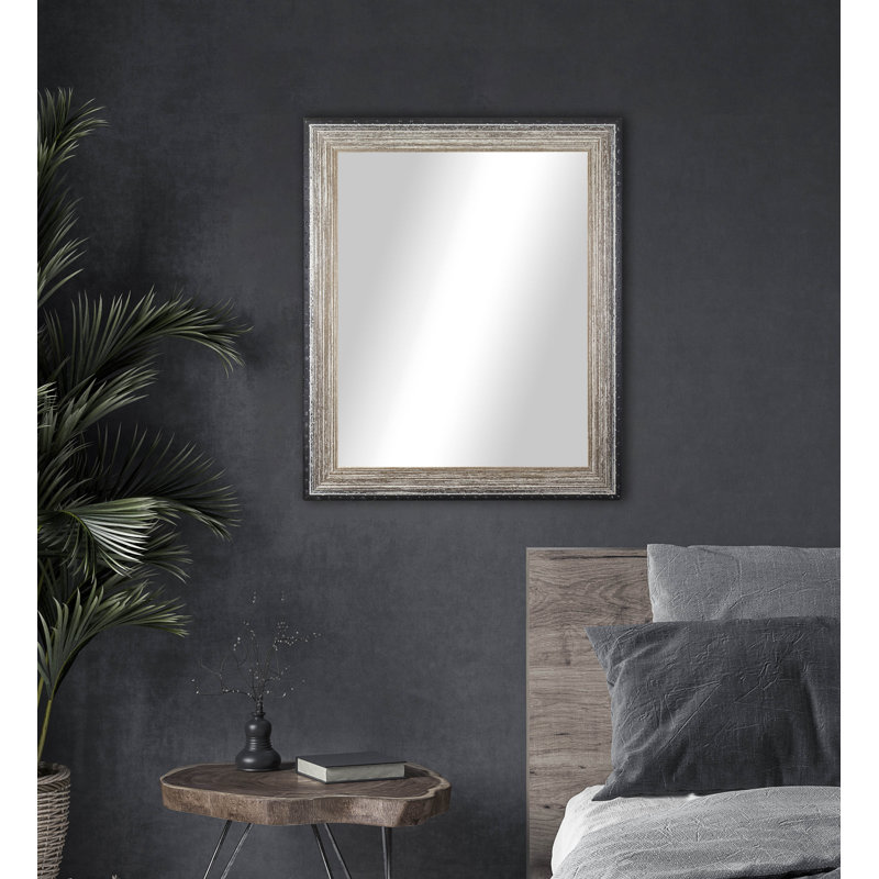 Solid Wood Flat Wall Mirror, Weathered Whitewash/Dark Rivet, 37.5" H x 33.5" W