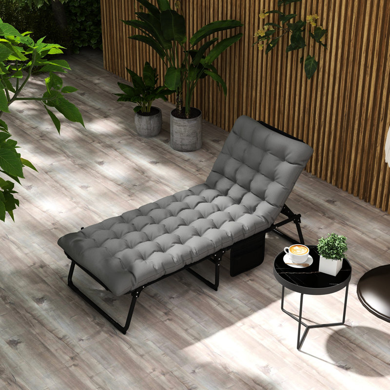 Chaise de plage réglable par - 4, poche magazine, coussin de tête amovible, pliable, bain de soleil gris sur la terrasse