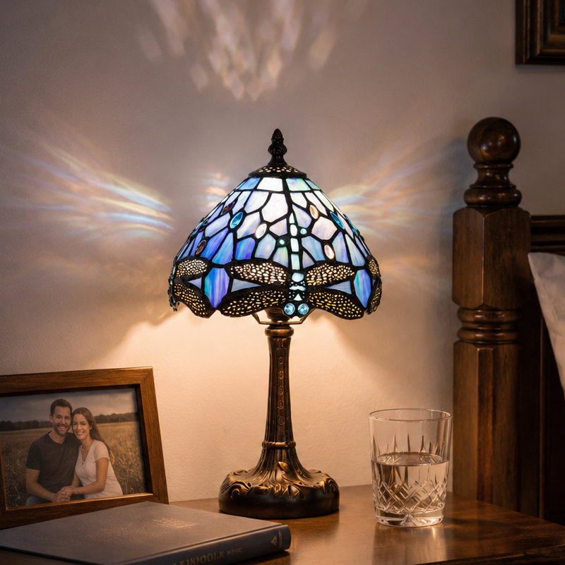 Tiffany Bedside Small Table Lamp, Blue Dragonfly Style Lampshade ,3 Adjustable Color Temperatures,Perfect for Bedroom, Living Room and Other Spaces(Bulb Included)