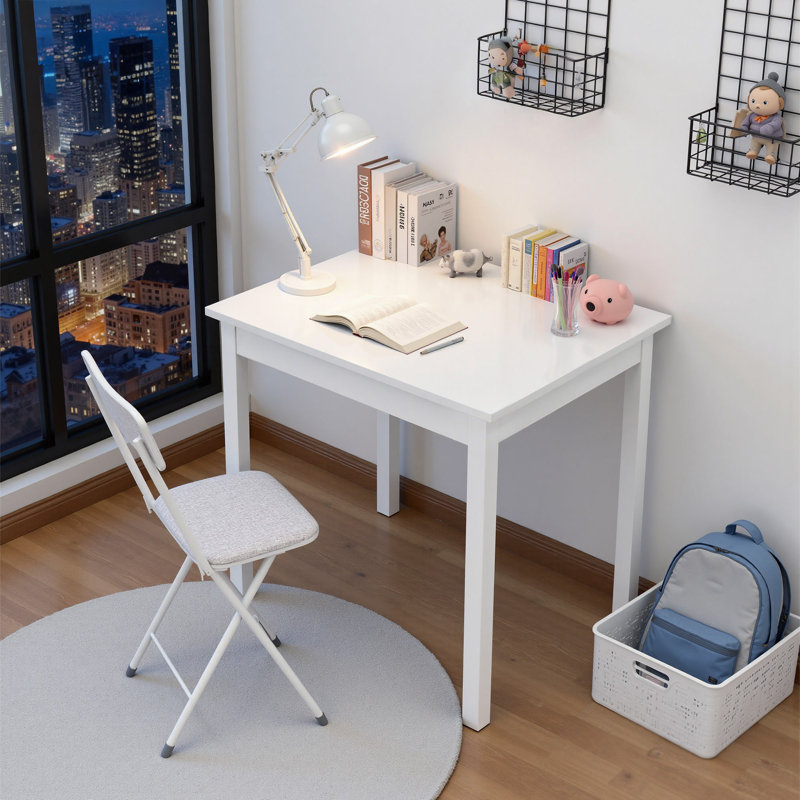 White Square Desk 29.5", Solid Wood Legs Writing Desk, Compact Modern Computer Desk for Small Space Home Office