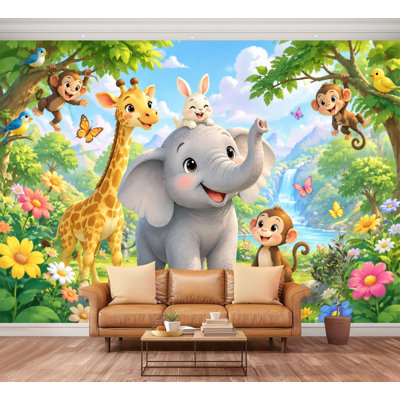 Wall Mural Peel and Stick Cute Cartoon Jungle Animals Surrounded   Friends Colorful Forest Large Wallpaper Self-Adhesive Removable Contact Paper Wall Decor for Living Room Bedroom Nursery 100"H x 144"W