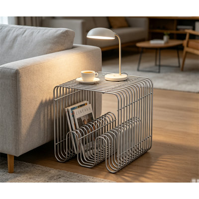 Modern Metal End Table, 2-in-1 Side Table with Magazine Rack, Compact Iron Accent Table for Living Room, Bedroom