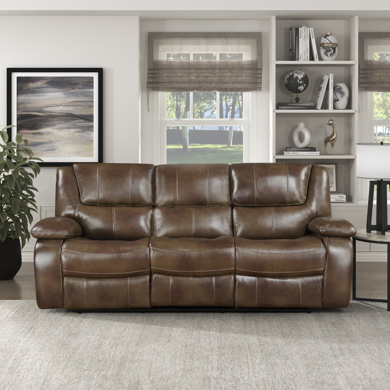 Mervela 86.5" Transitional Leather Double Reclining Sofa with Space-Saving Wall-Hugger Design, Top Grain Leather & Pocket Coil Comfort