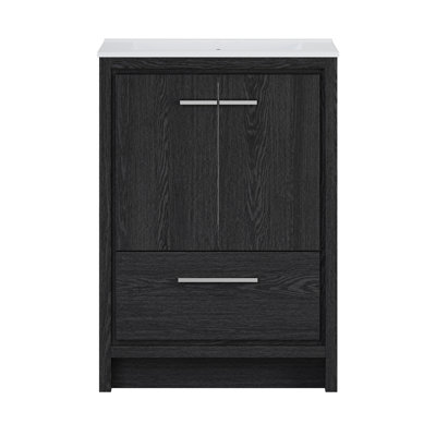 Meuble-lavabo autoportant 24 po Virage en chêne noir avec comptoir central à 3 trous Virage