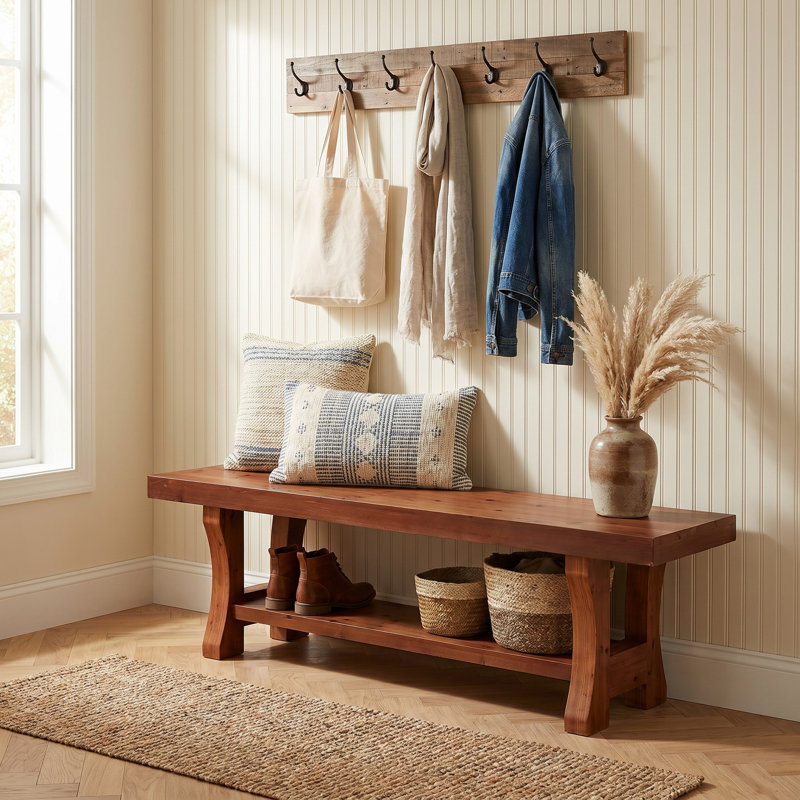 Banc de 55 po en bois massif, banc de bout long à 2 niveaux, Walnut