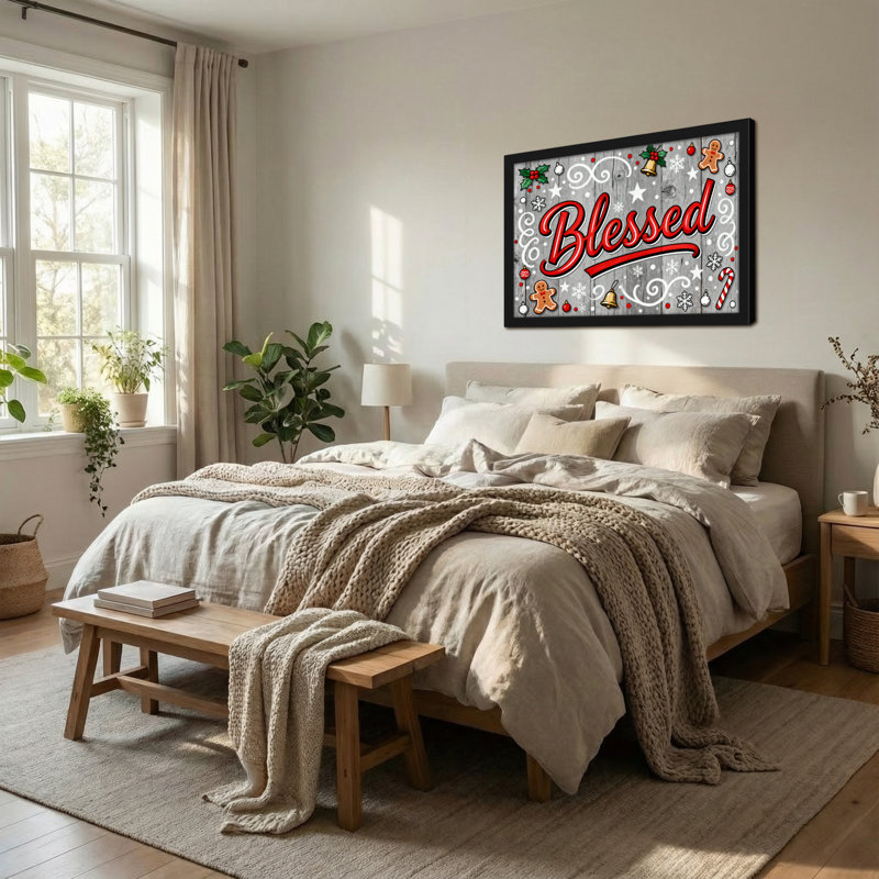 Christmas Blessed Christmas Wood Pattern With Ornaments, 24" H x 36" W