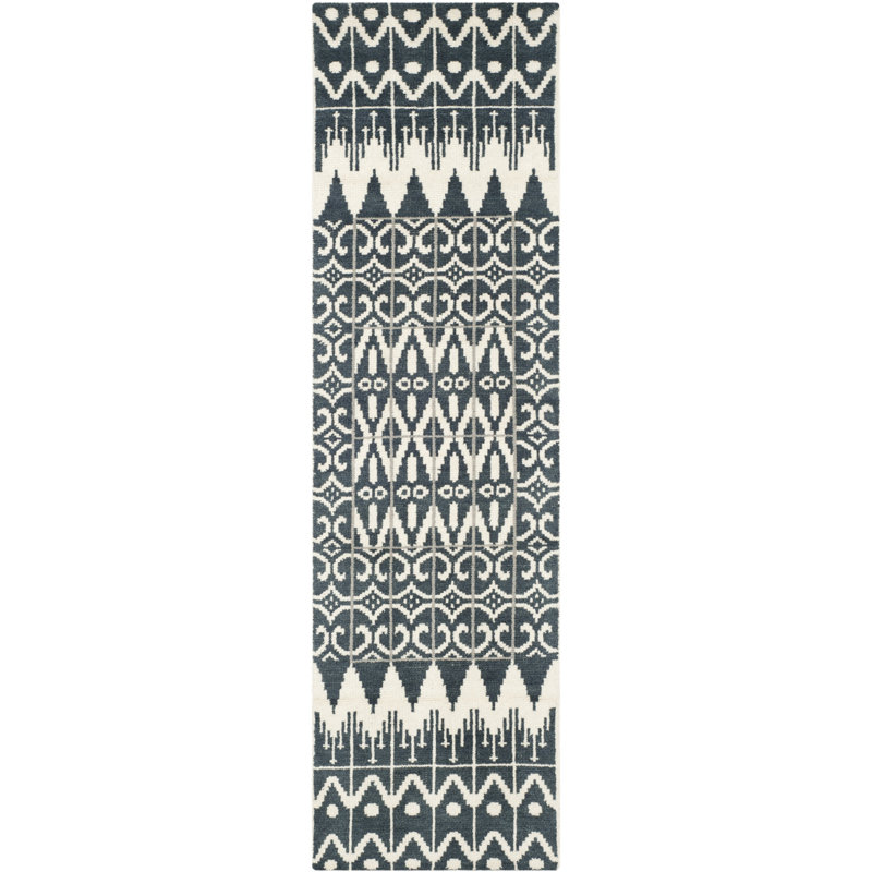 Alimatou Hand Knotted Wool/Cotton Geometric Rug in Charcoal, Runner 2'3" x 8'