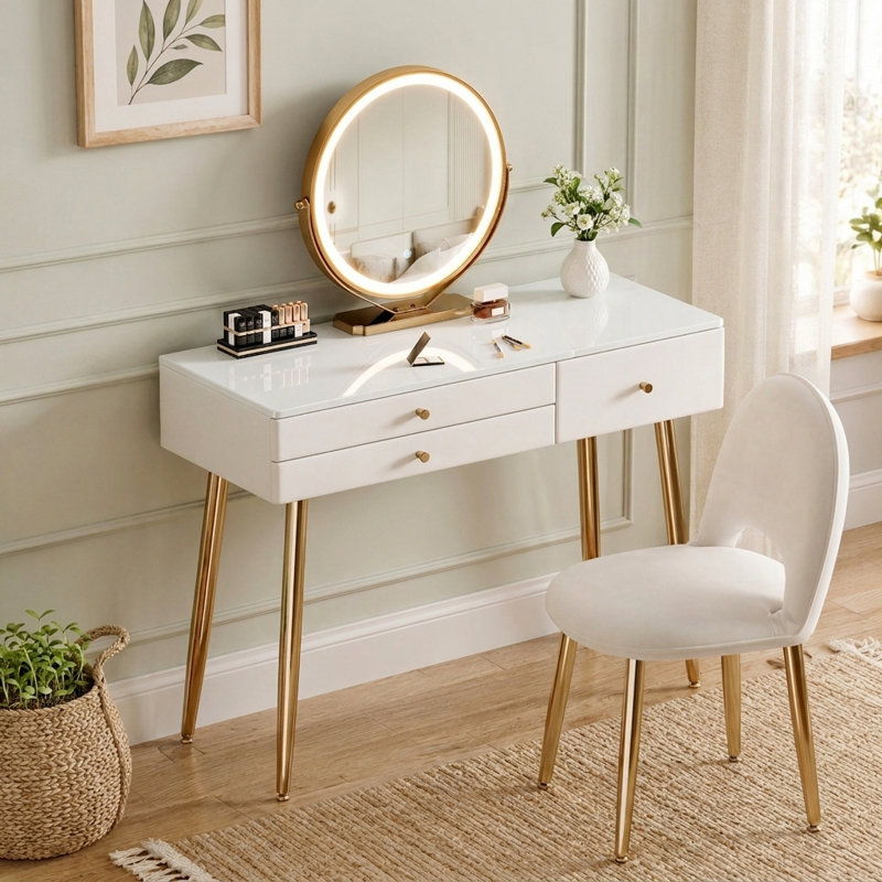 Ensemble de coiffeuse avec miroir et chaise à DEL, table de maquillage avec 3 tiroirs, table de commode pour chambre à coucher, blanc et or