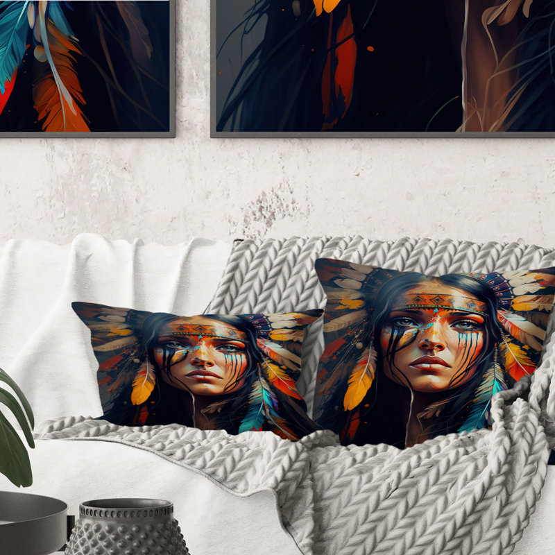 Femme colorée amérindienne VI - coussin décoratif imprimé femme bohème, H 16 po x l 16 po