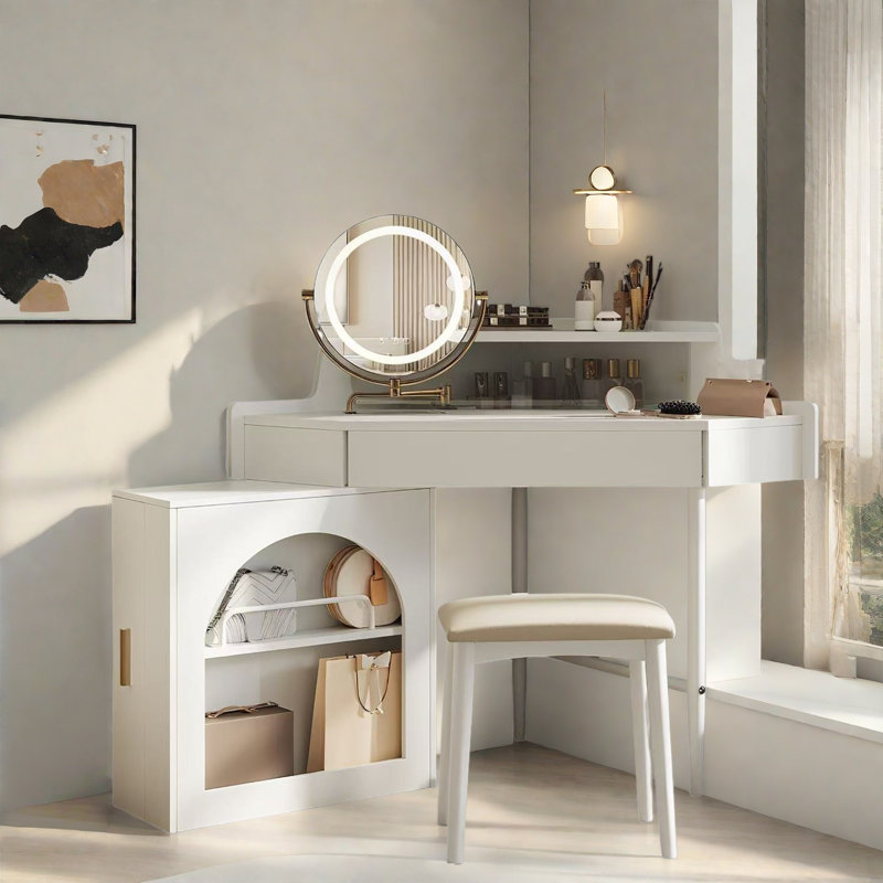 Corner Makeup Vanity Desk With Adjustable Folding Mirror, 3-color Led Lighting, Adequate Storage And Stool