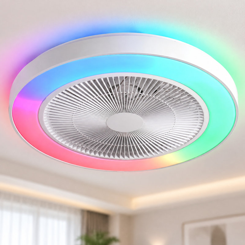 Modern Ceiling Fan with LED RGB Light, Flush Mount Fandelier with Remote App Voice Control, 19''