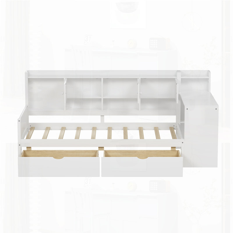 Multi-functional Bed with Study Desk and Built-in Bookshelf, Twin, White
