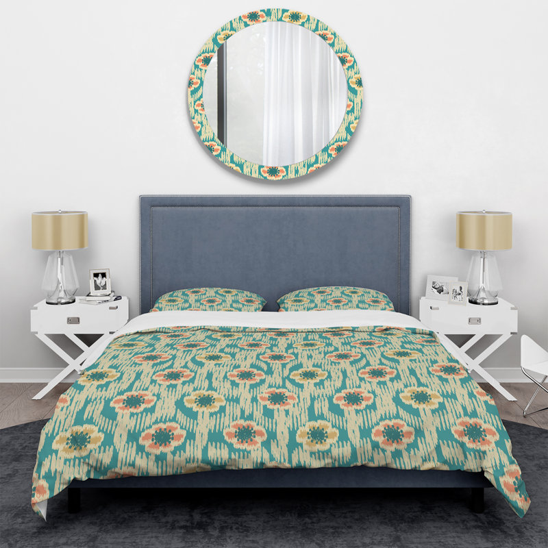 Ikat vert floral - ensemble de housse de couette abstrait - microfibre de polyester