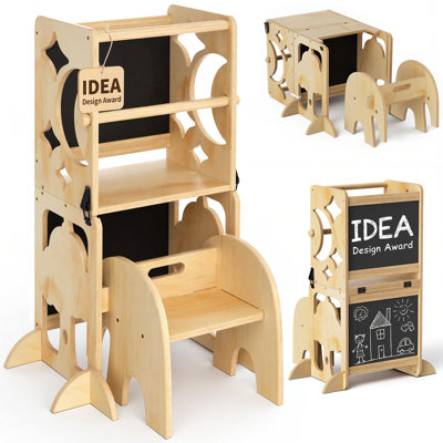  4-in-1 Toddler Kitchen Stool with Safety Rail – Foldable Standing Tower with Double Blackboard, Learning Desk & Chair Set
