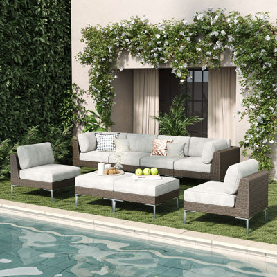  8-piece L-shaped Modular Outdoor Sectional Sofa Set, Wicker Rattan Patio Conversation Set With 6-inch Thick Cushions
