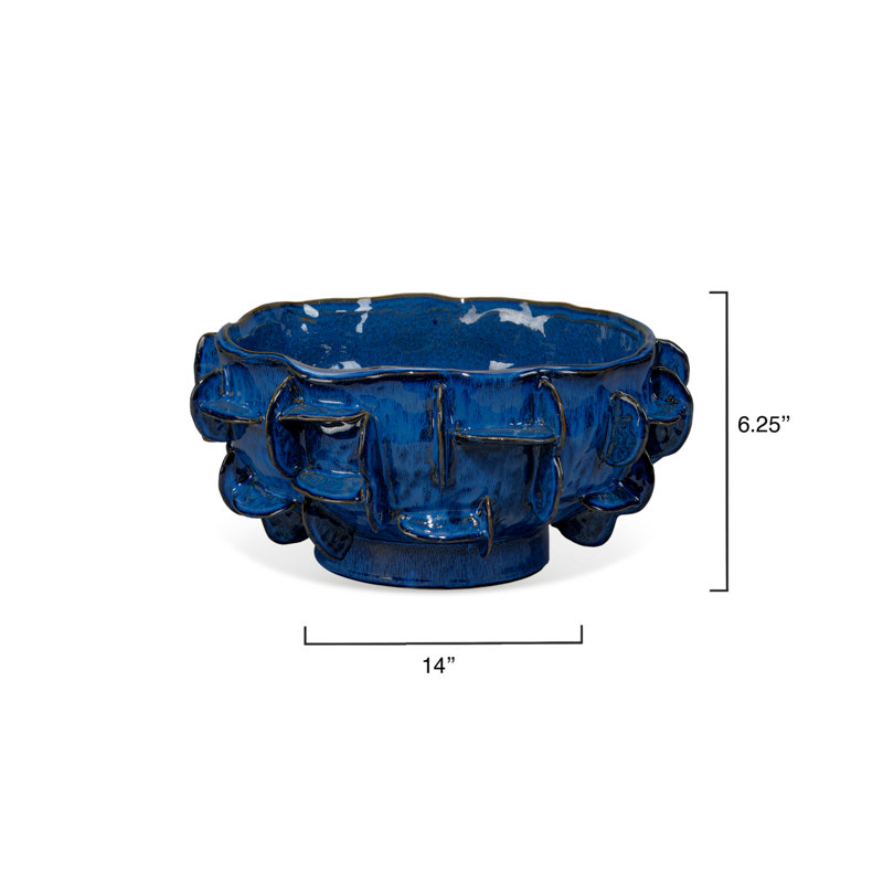 Handcrafted Blue Ceramic Low Decorative Bowl