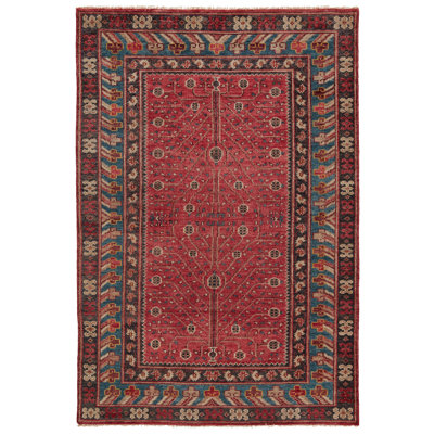 Donte Hand Knotted Wool Oriental Area Rug in Haute Red/Storm Blue/Whitecap Gray